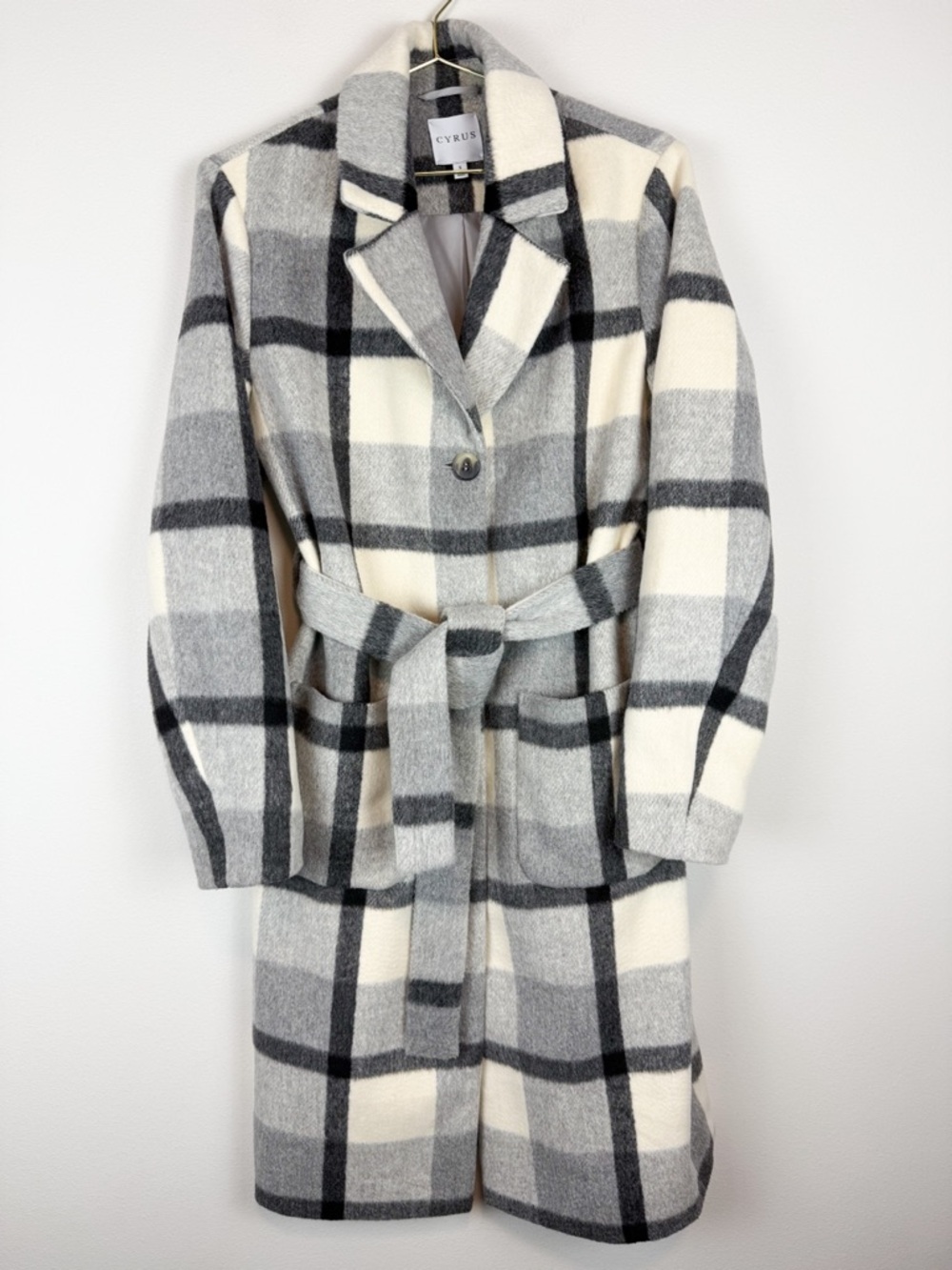 Cyrus Gray Plaid Check Longline Brushed Belted Trench Coat Size Small